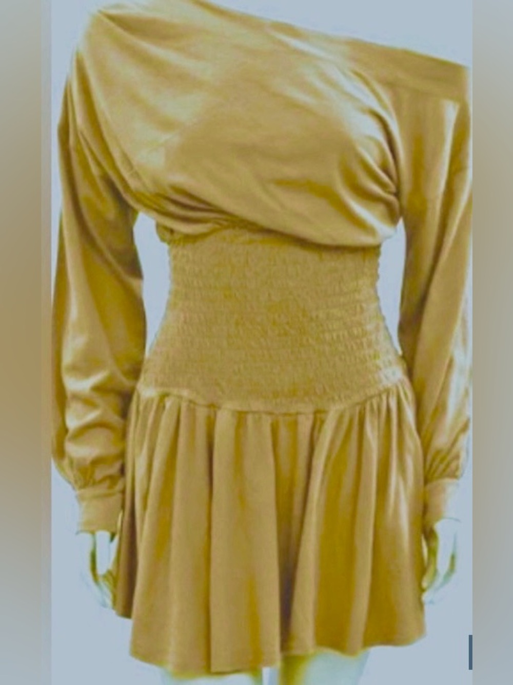 Free People Long-Sleeve Mini Dress/Green Mustard/Off-Shoulder - M